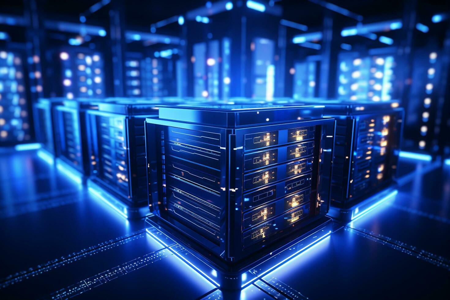 Server room data center. Backup, mining, hosting, mainframe and computer rack with storage information. 3d render Ai Generated photo