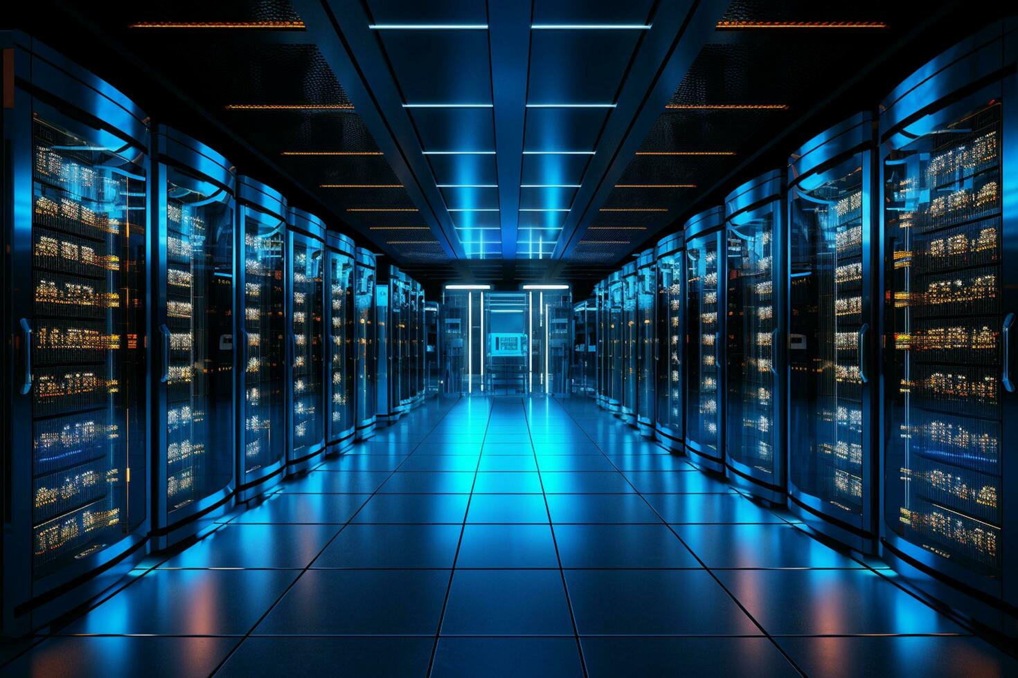 Server room data center. Backup, mining, hosting, mainframe and computer rack with storage information. 3d render Ai Generated photo