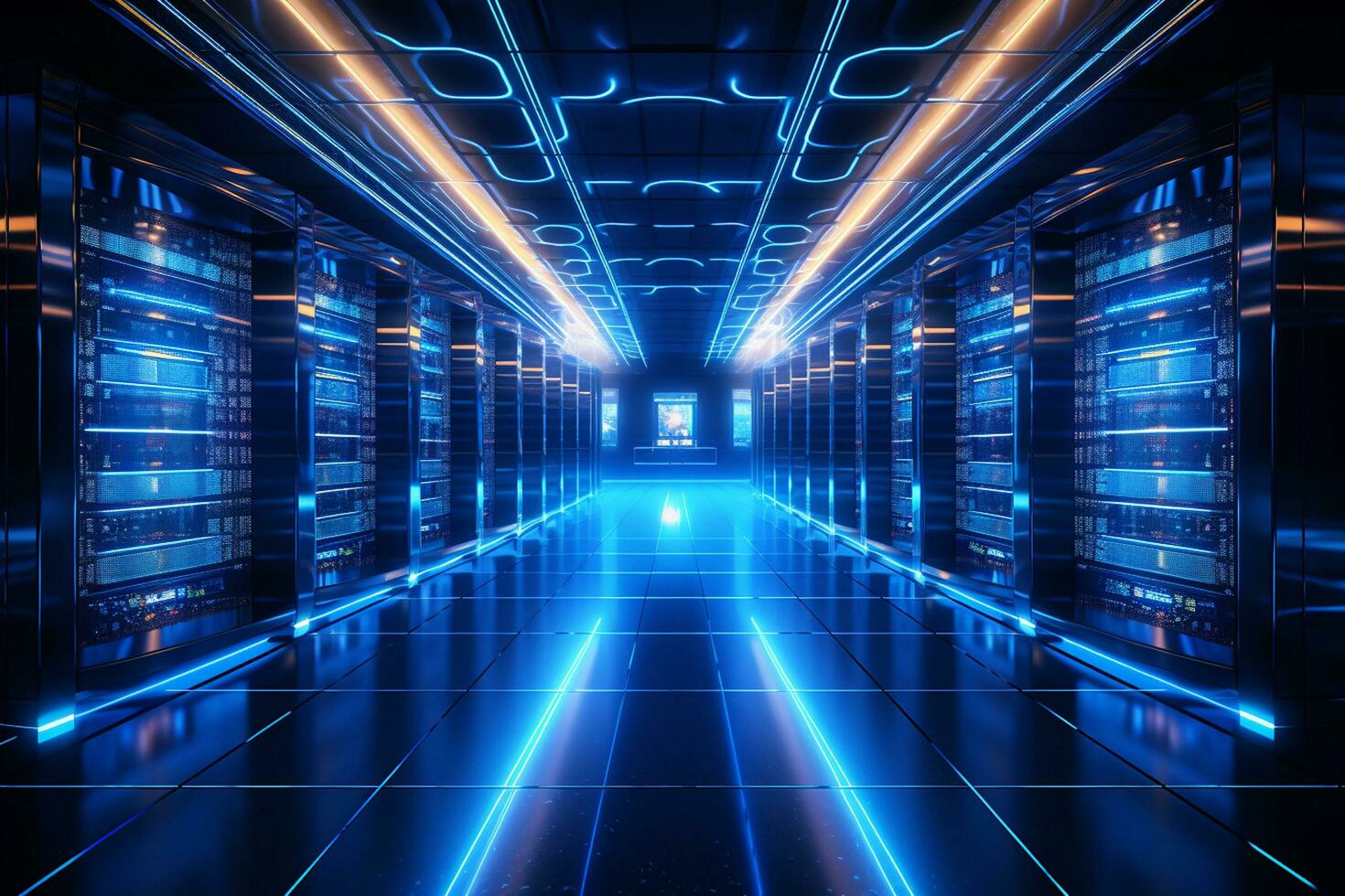 Server room data center. Backup, mining, hosting, mainframe and computer rack with storage information. 3d render Ai Generated photo