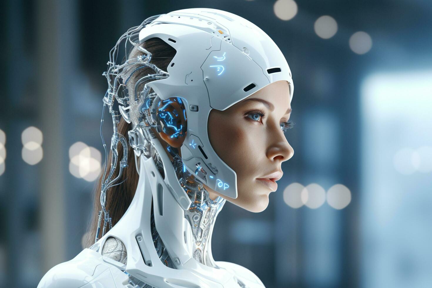 Close up of female robot head with glowing brain. Artificial intelligence concept. 3D Rendering Ai Generated photo