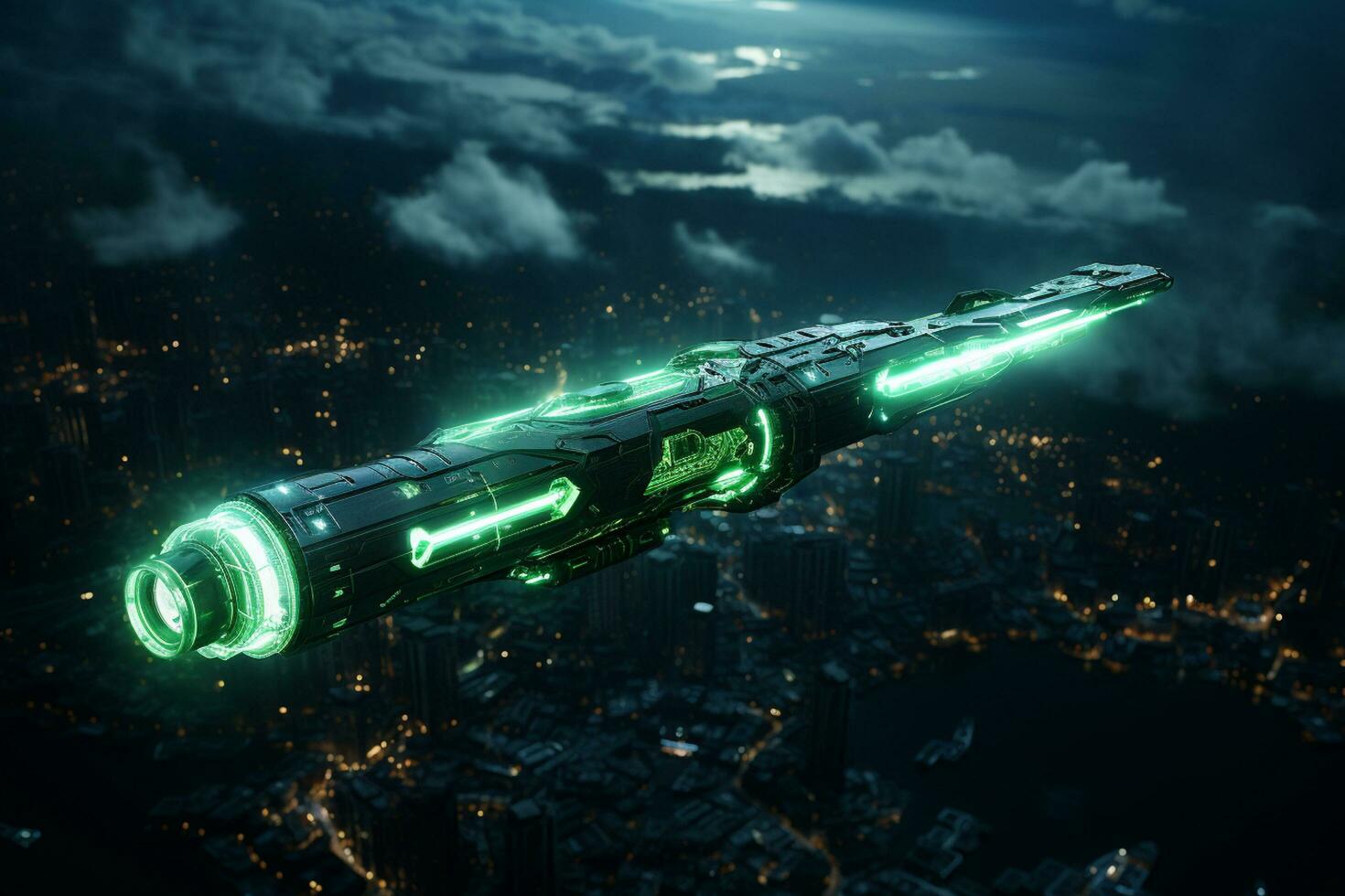Futuristic spaceship flying in the night city. 3d rendering Ai Generated photo