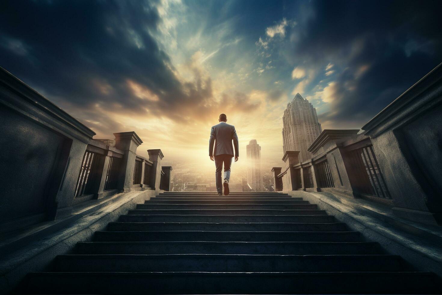 Back view of young businessman walking up the stairs in city at sunset Ai Generated photo