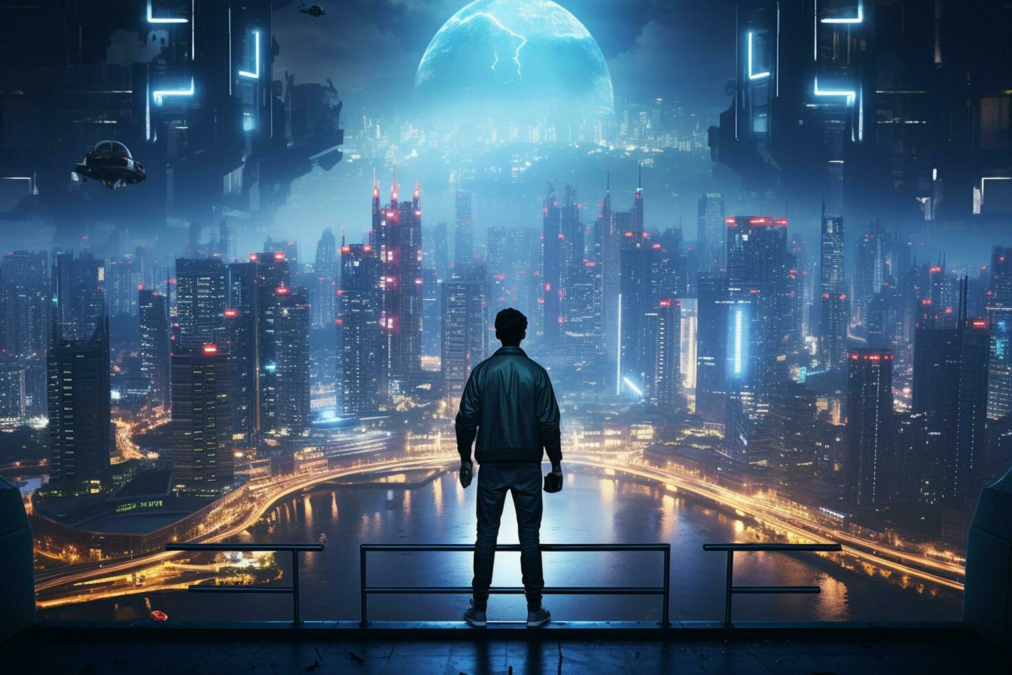 Silhouette of businessman standing on top of skyscraper and looking at night city AI Generated photo