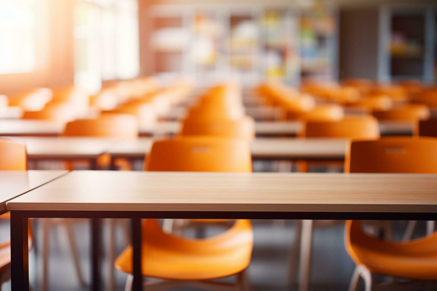 vacío de madera mesa y naranja sillas en un colegio salón de clases difuminar. selectivo enfocar. ai generado foto