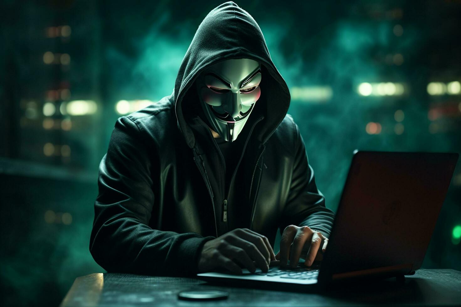 Hooded hacker stealing information from a laptop. Dark background. AI Generated photo