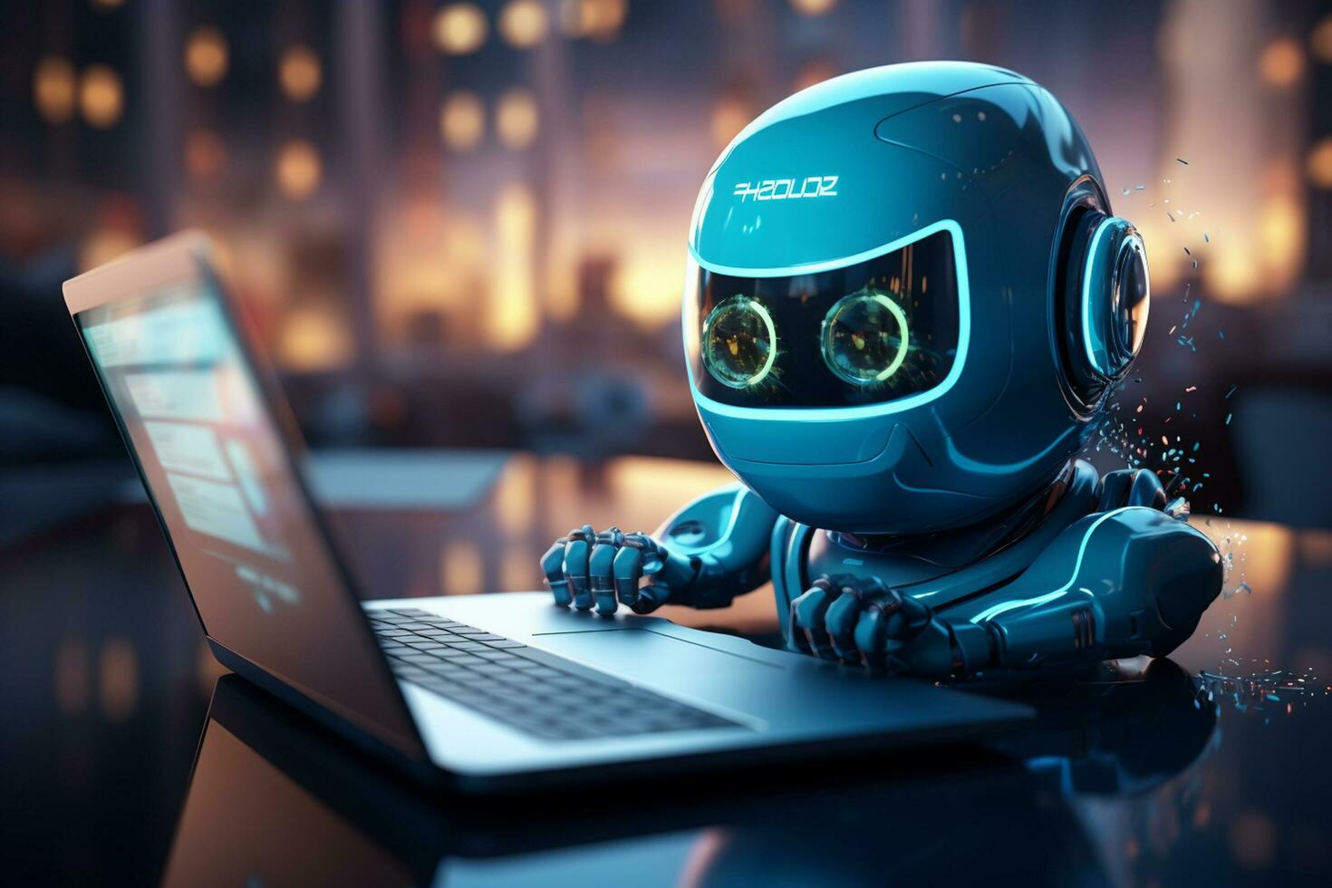 Cute Robot working on laptop with heart icon. 3d illustration. AI Generated photo
