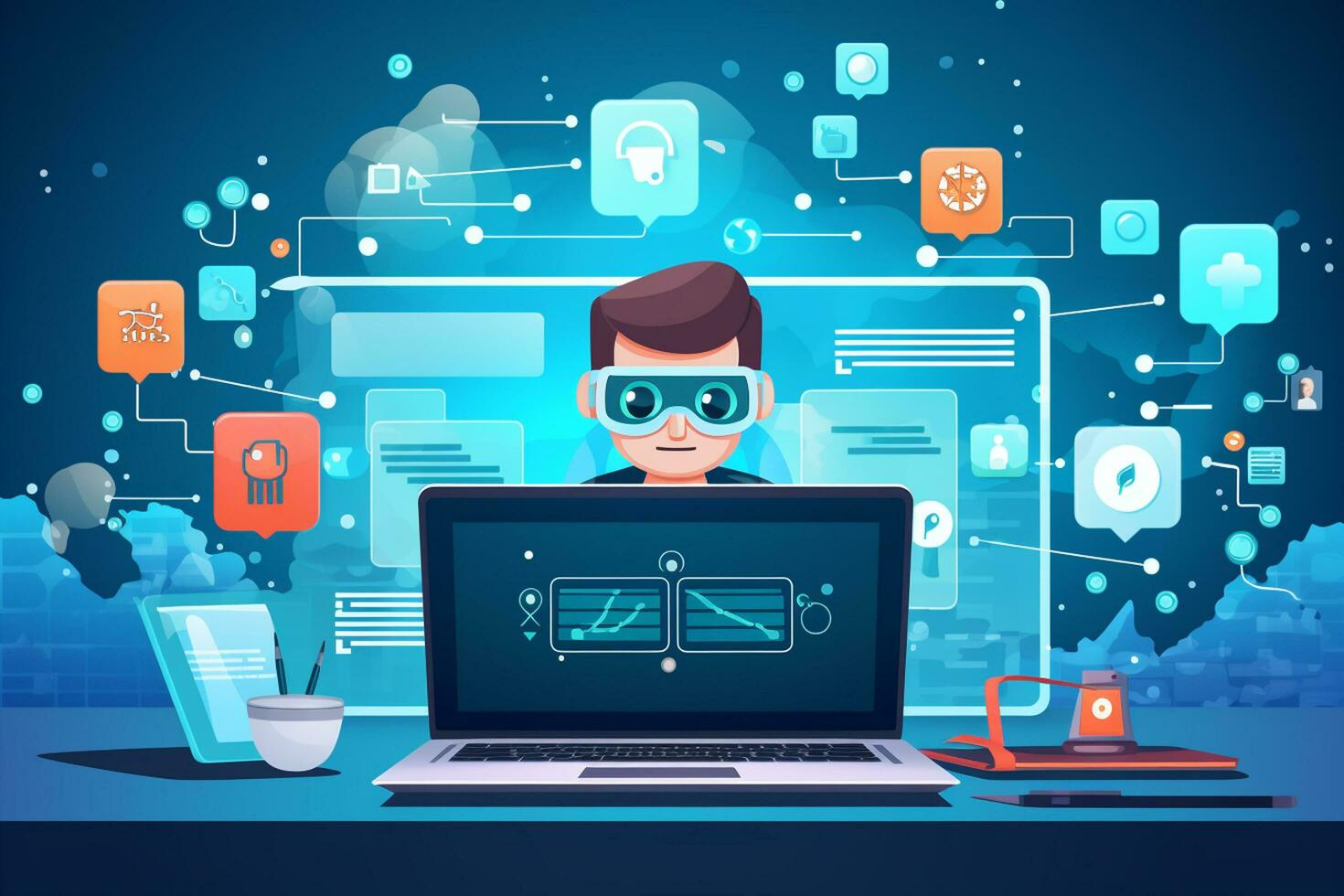 Cute Robot working on laptop with heart icon. 3d illustration. Ai Generated photo