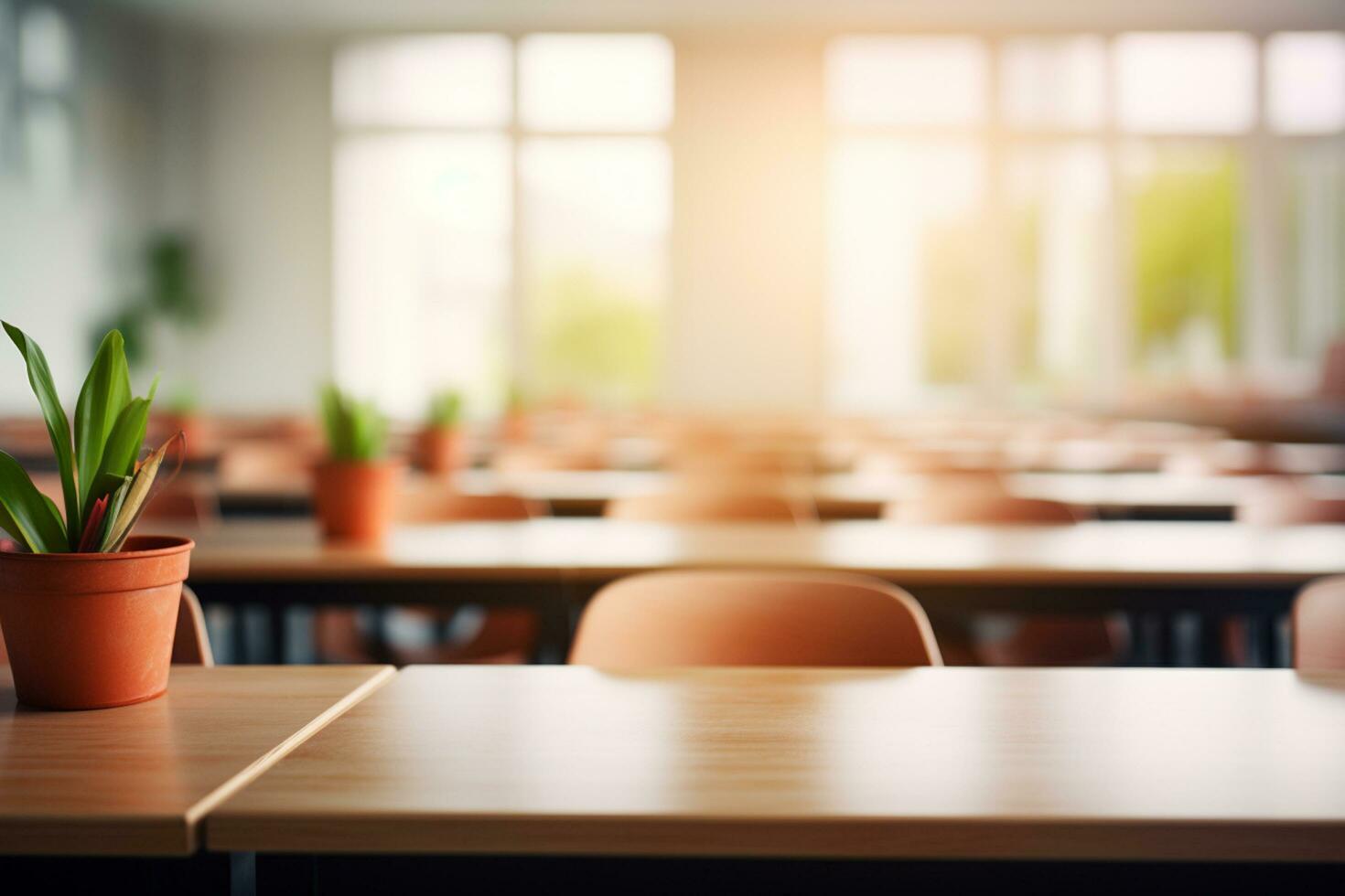 Empty wooden table and orange chairs in a school classroom blur. Selective focus. AI Generated photo