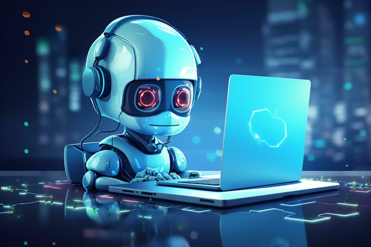 Cute Robot working on laptop with heart icon. 3d illustration. AI Generated photo