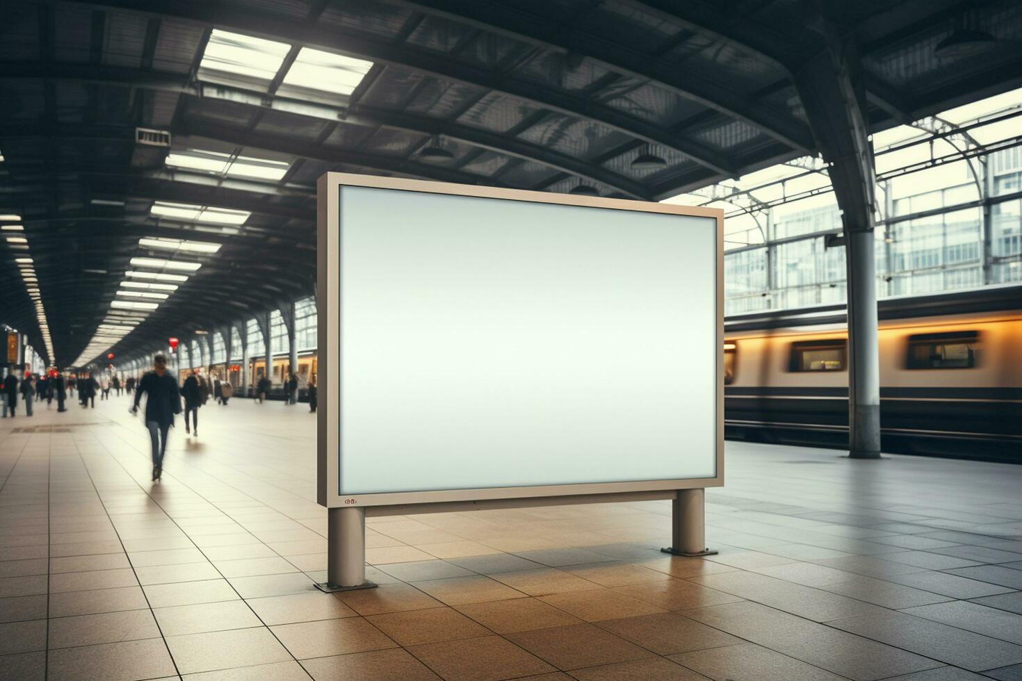 blanco cartelera en tren estación. burlarse de arriba, 3d representación ai generado foto