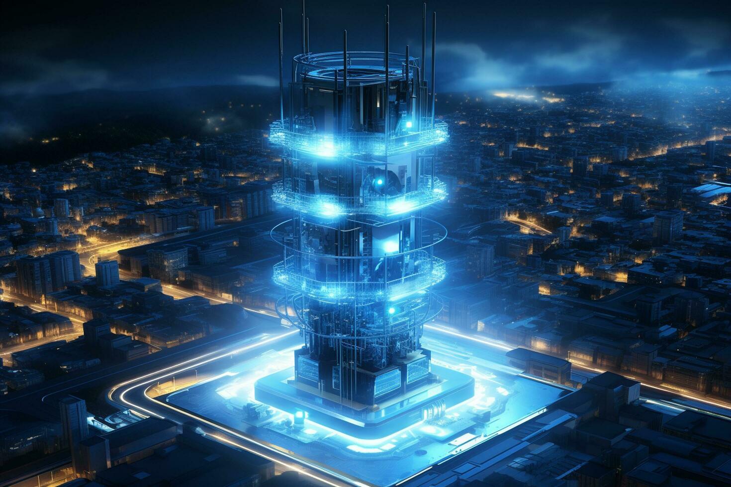 Telecommunication tower in futuristic city at night. 3D rendering. AI Generated photo