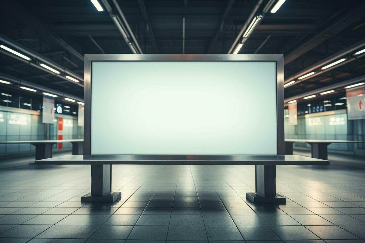 blanco cartelera en tren estación. burlarse de arriba, 3d representación ai generado foto