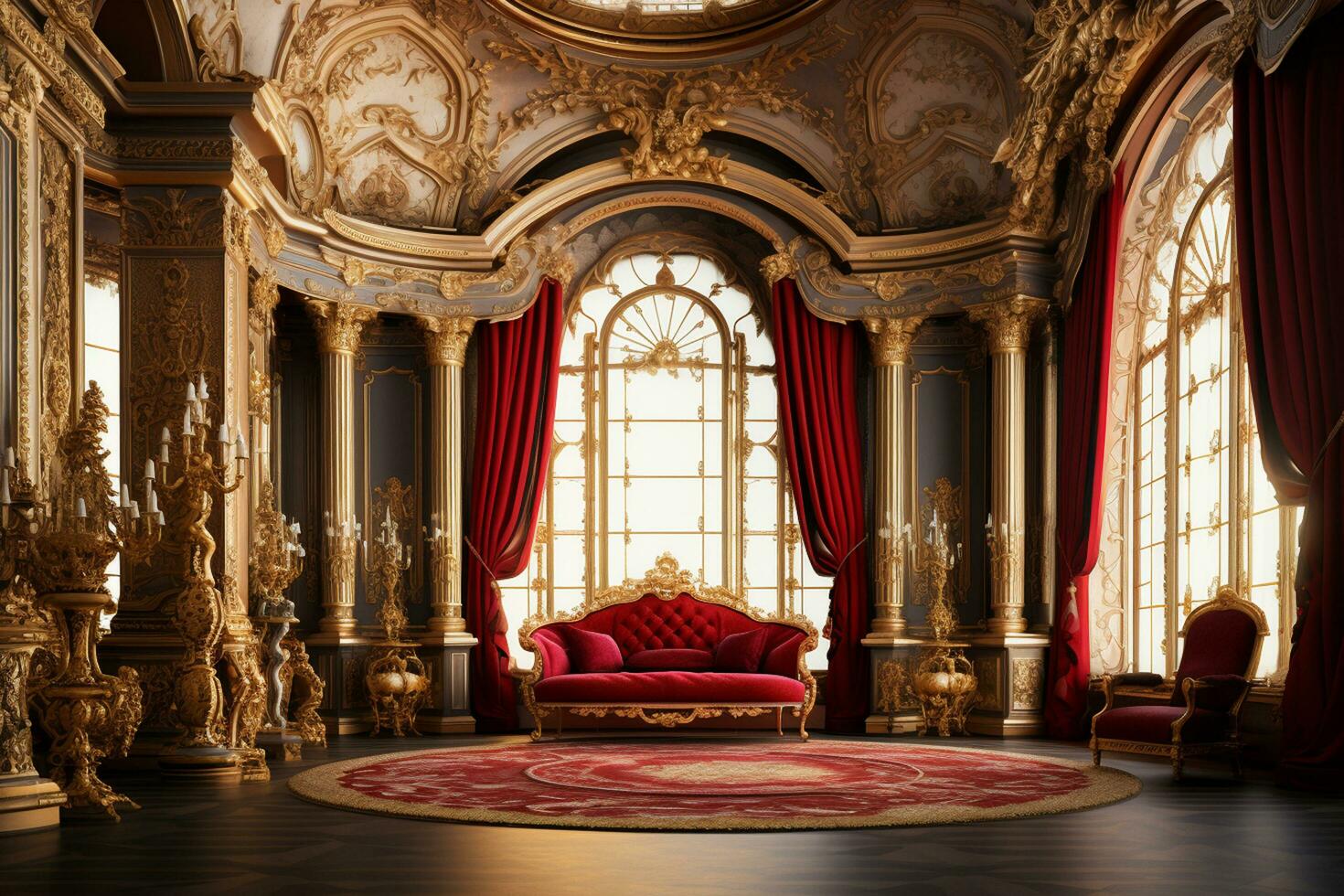 Luxury royal interior of royal palace with red velvet sofa and gold walls AI Generated photo