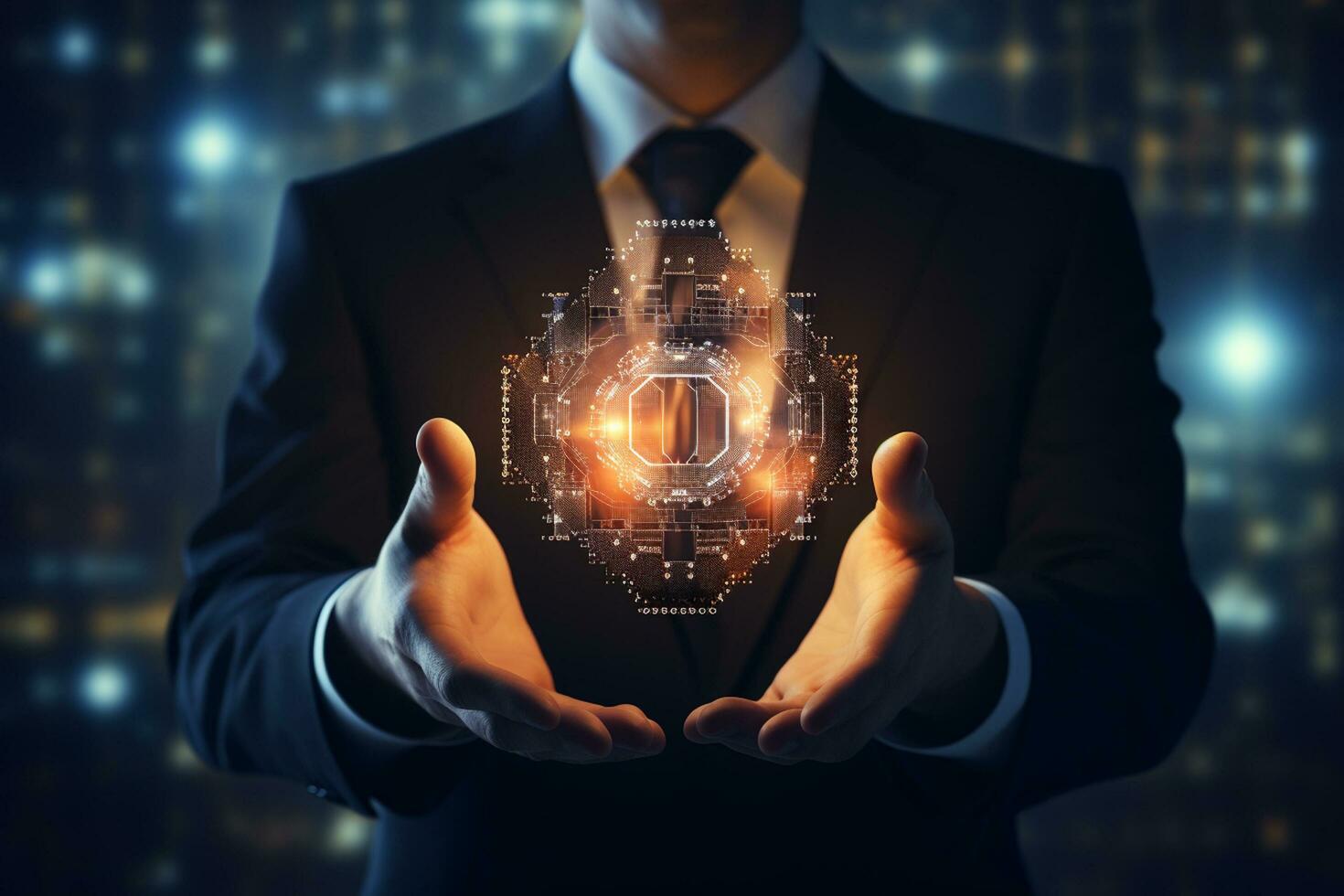 Close up of businessman holding digital chip in palm. 3D rendering AI Generated photo