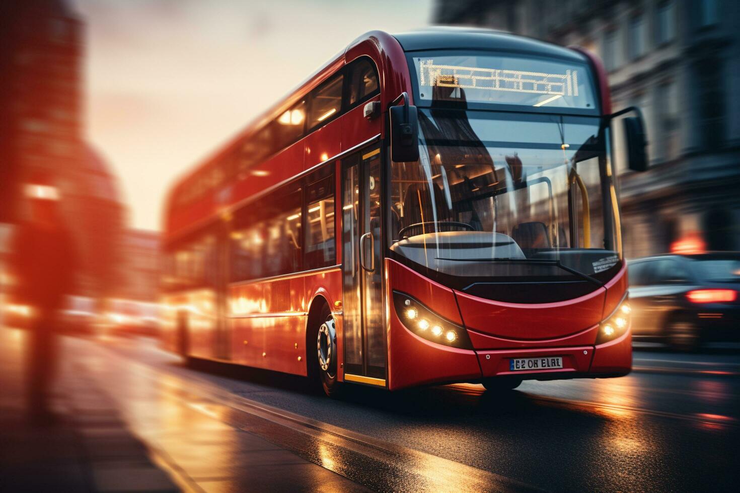 Red double decker bus on the road in London at sunset. AI Generated photo