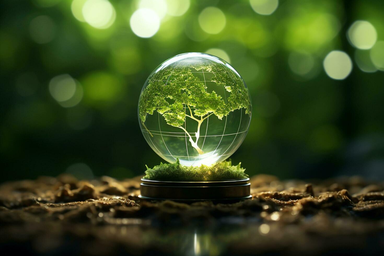Glass globe with green tree inside on nature background. Ecology concept. AI Generated photo