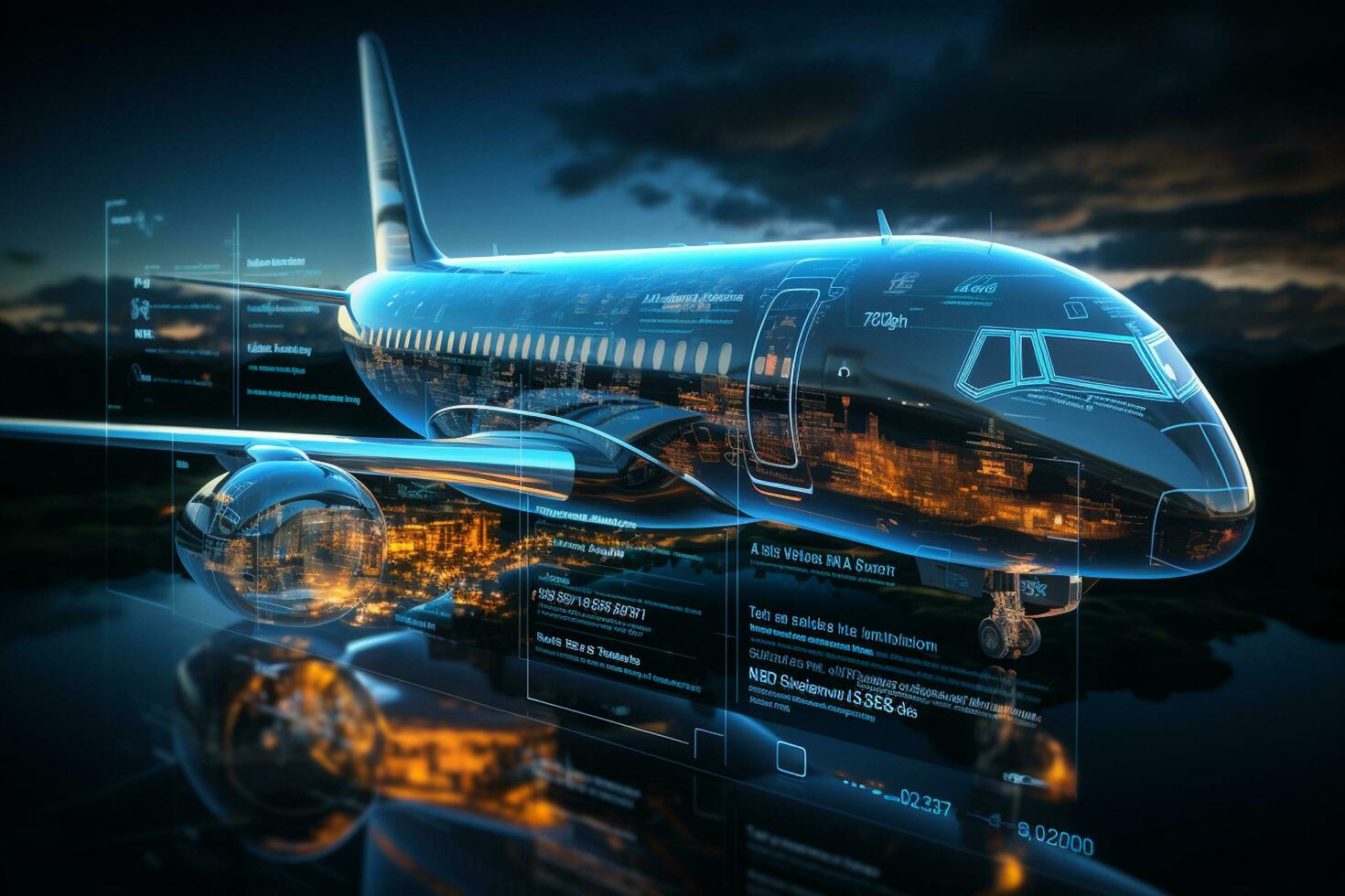 Airplane flying in blue sky and binary code interface. 3D rendering AI Generated photo