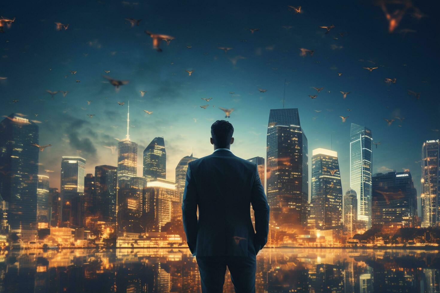 Rear view of businessman looking at night city with skyscrapers AI Generated photo