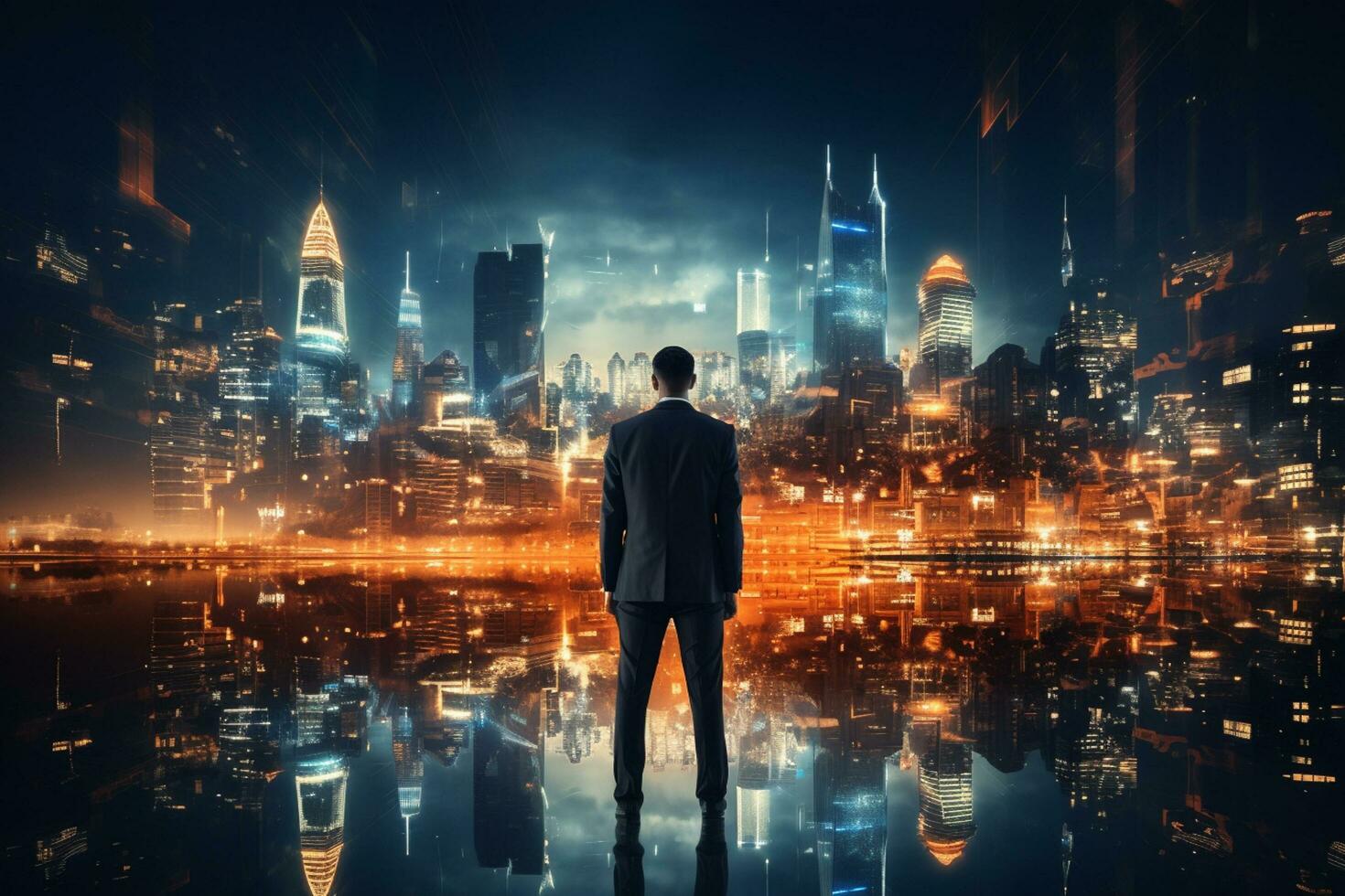 Rear view of businessman looking at night city with skyscrapers AI Generated photo