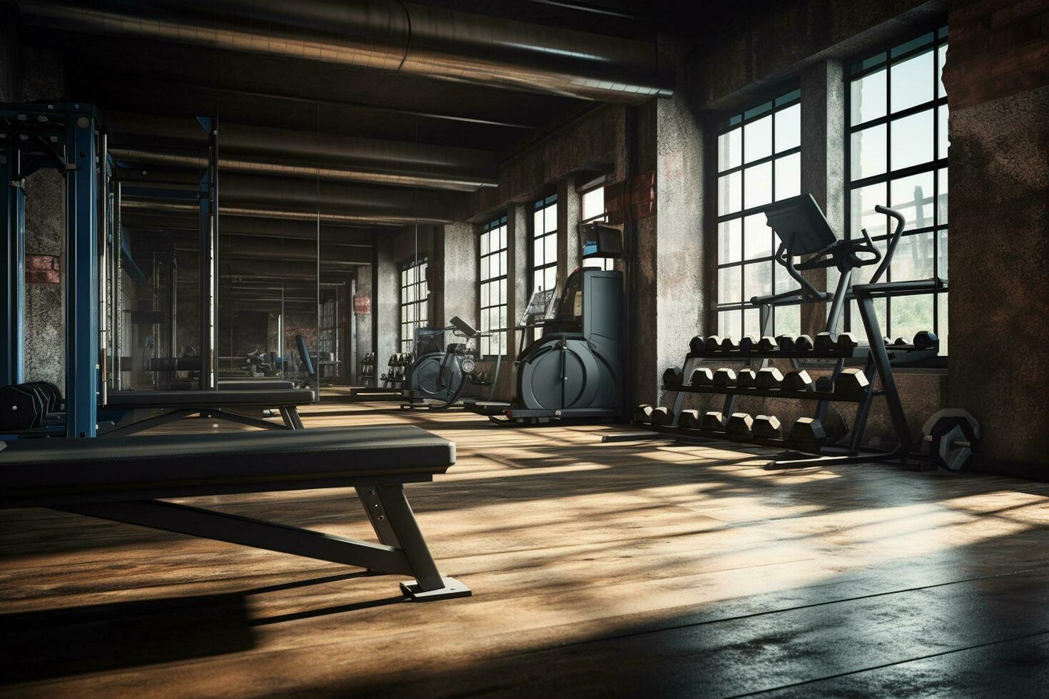 moderno gimnasio interior con aptitud equipo y luz de sol. 3d representación ai generado foto