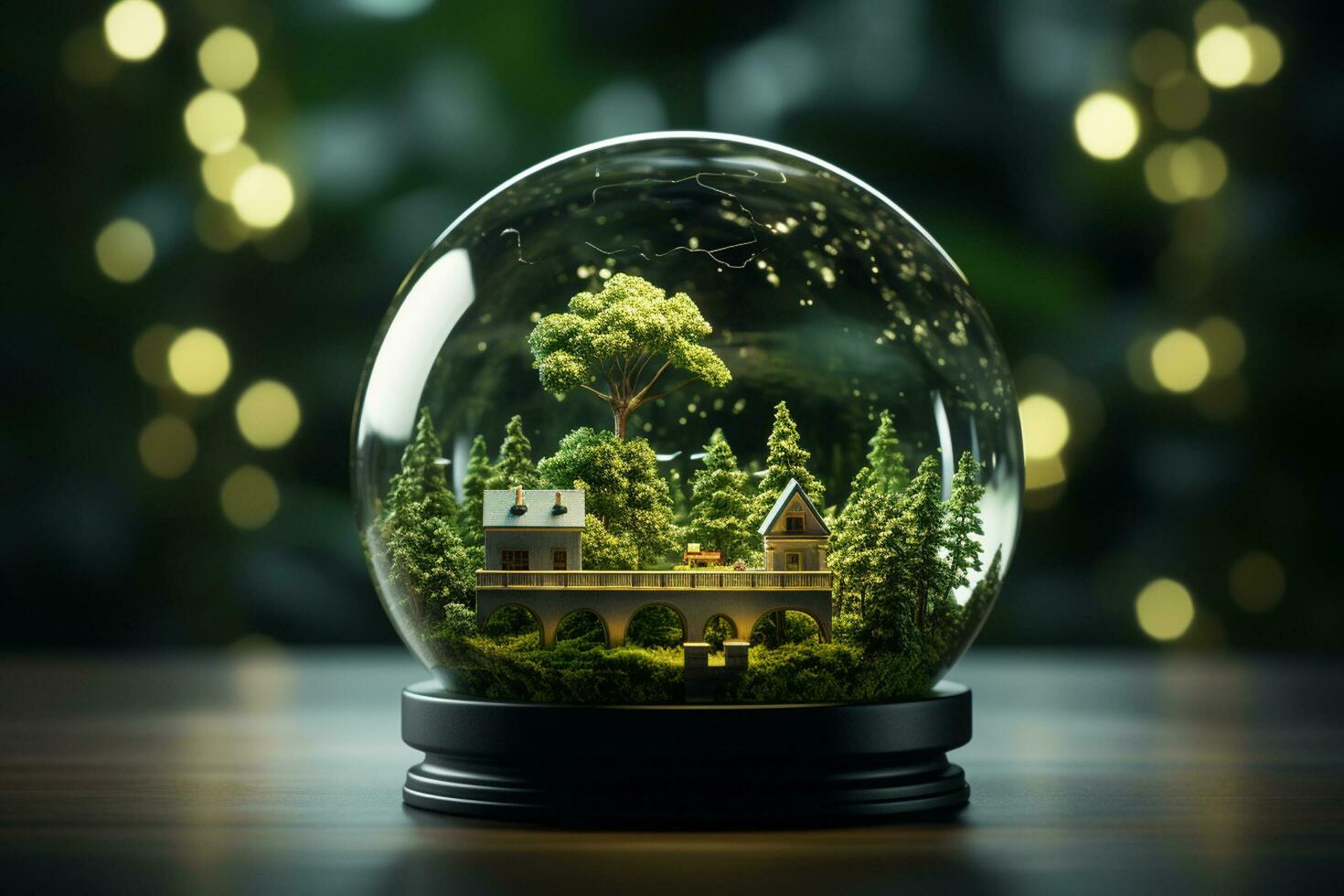 glass ball with house and tree inside. 3d illustration. save the world concept AI Generated photo