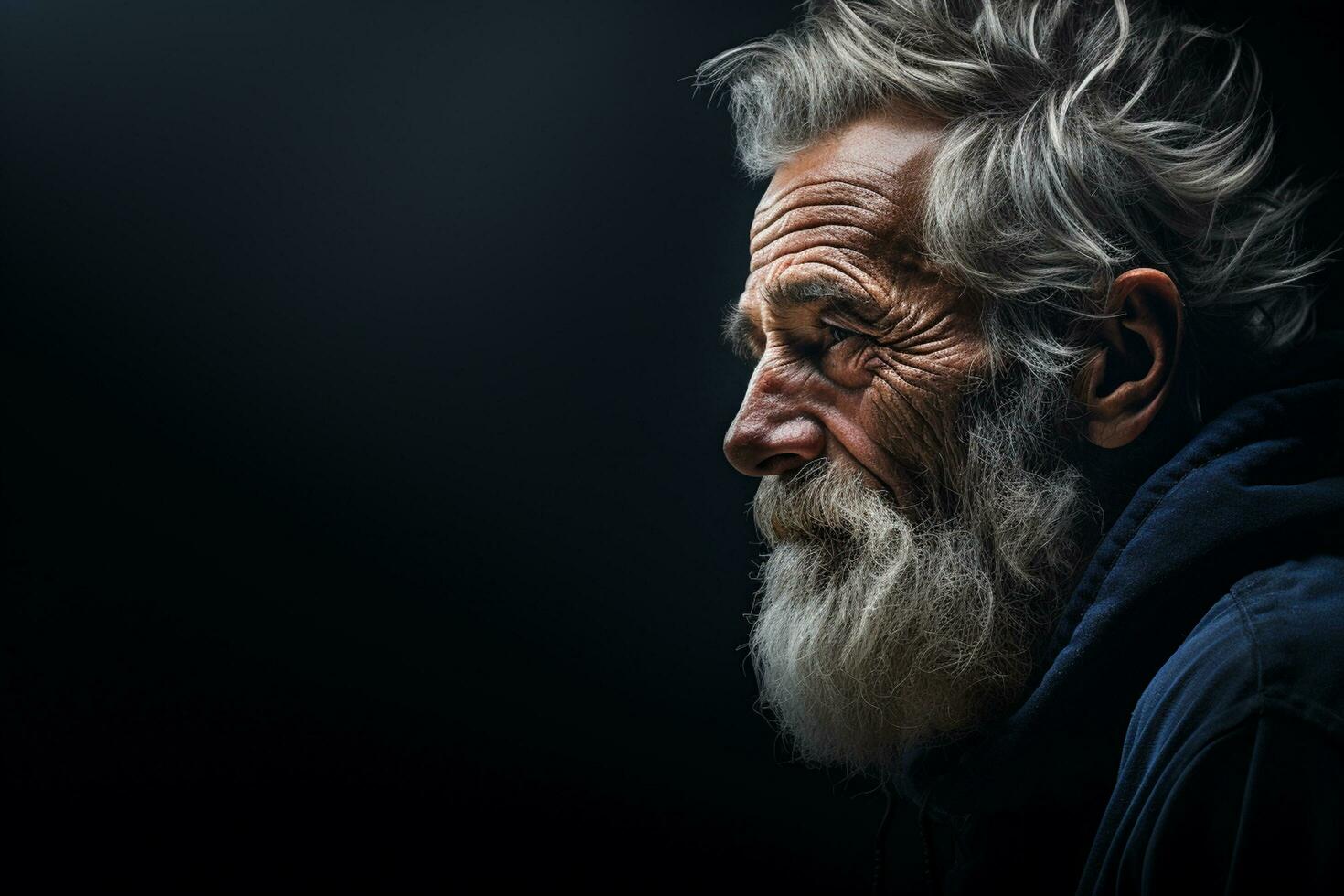 Portrait of an old man with grey hair and beard on a black background AI Generated photo