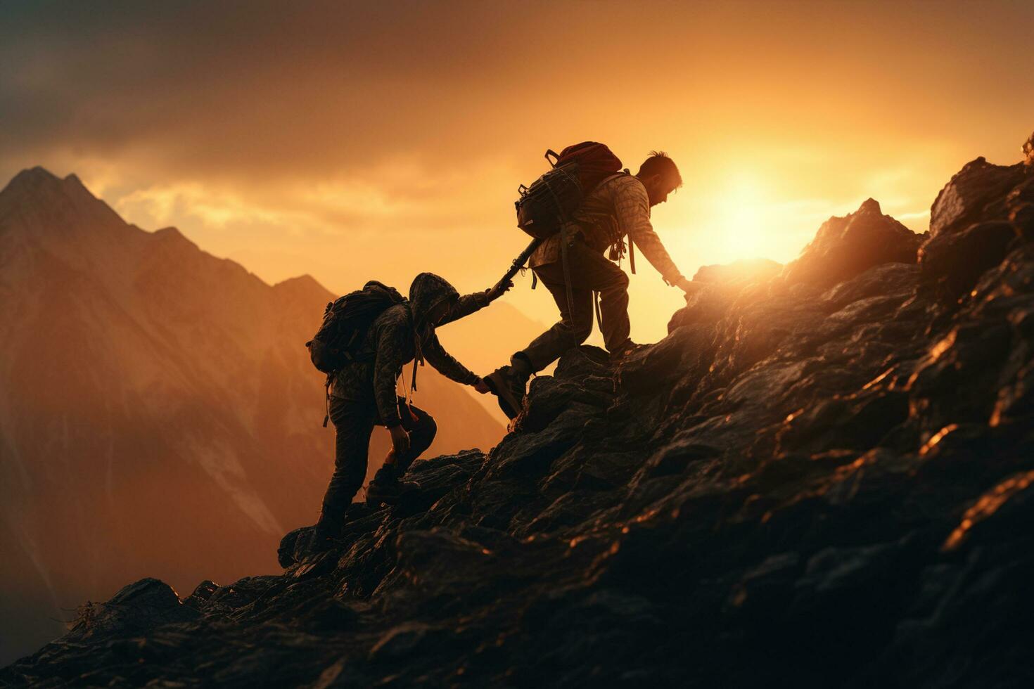 teamwork of two climbers on the top of a mountain at sunrise Ai Generated photo