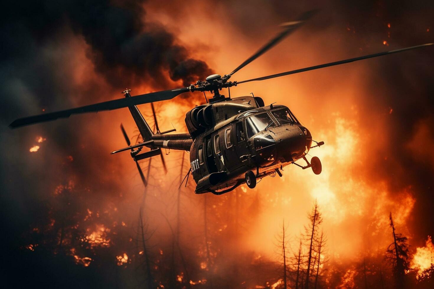 Burning forest and helicopter at night. Fire in the air. Ai Generated photo