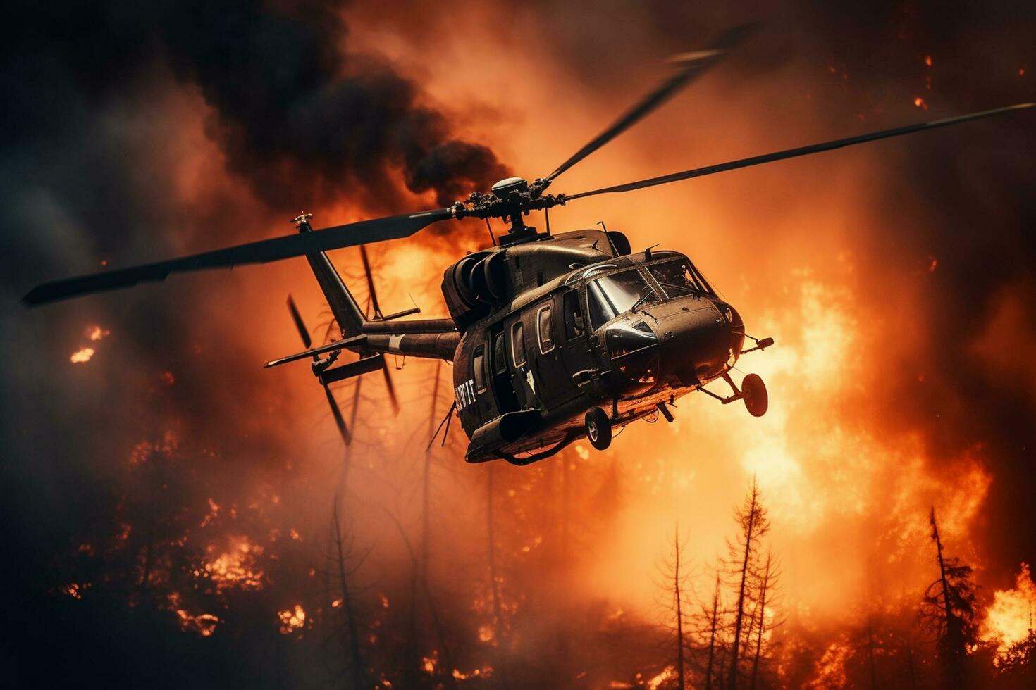 ardiente bosque y helicóptero a noche. fuego en el aire. ai generado foto