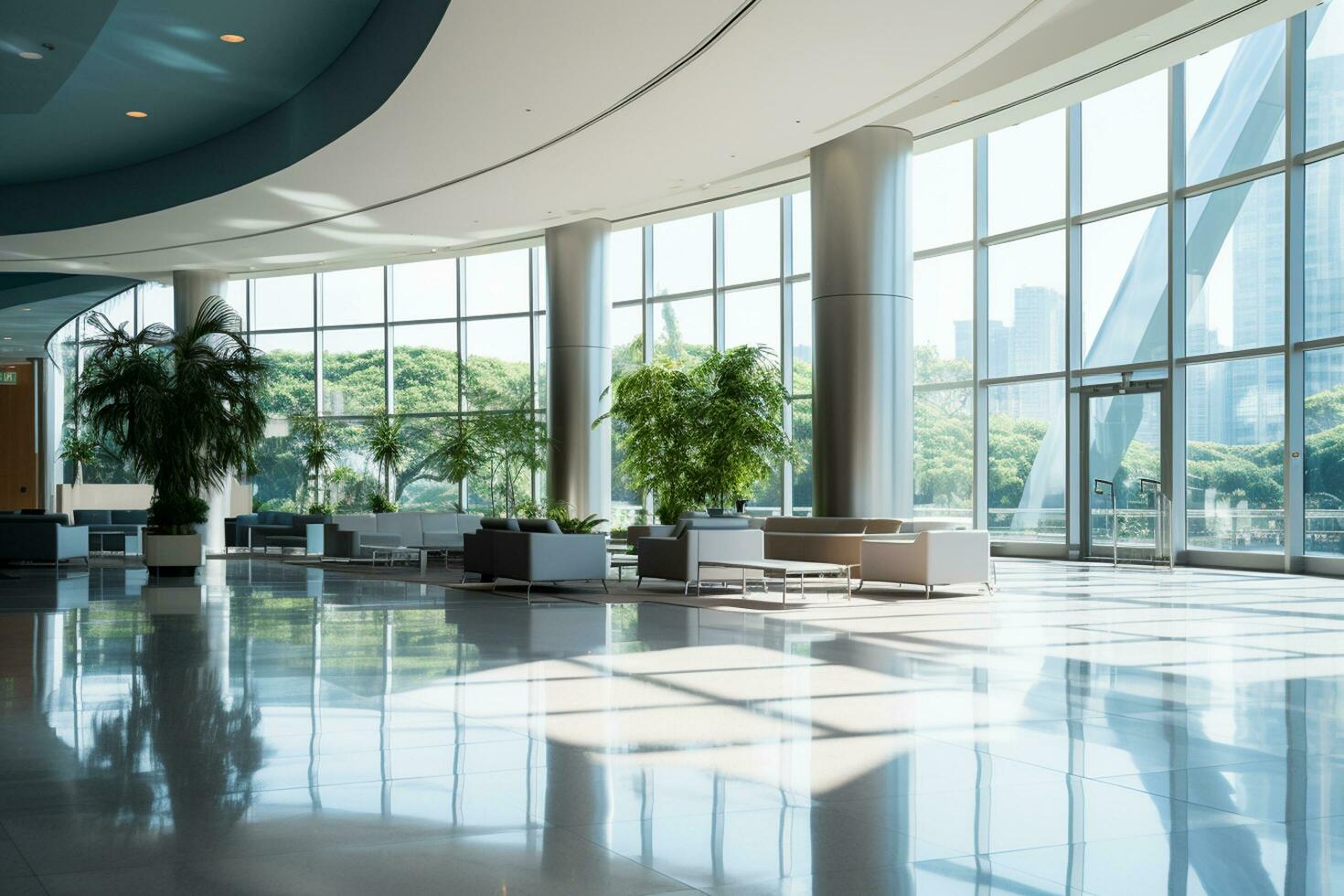 Interior of a modern office building, wide angle view of the lobby Ai Generated photo