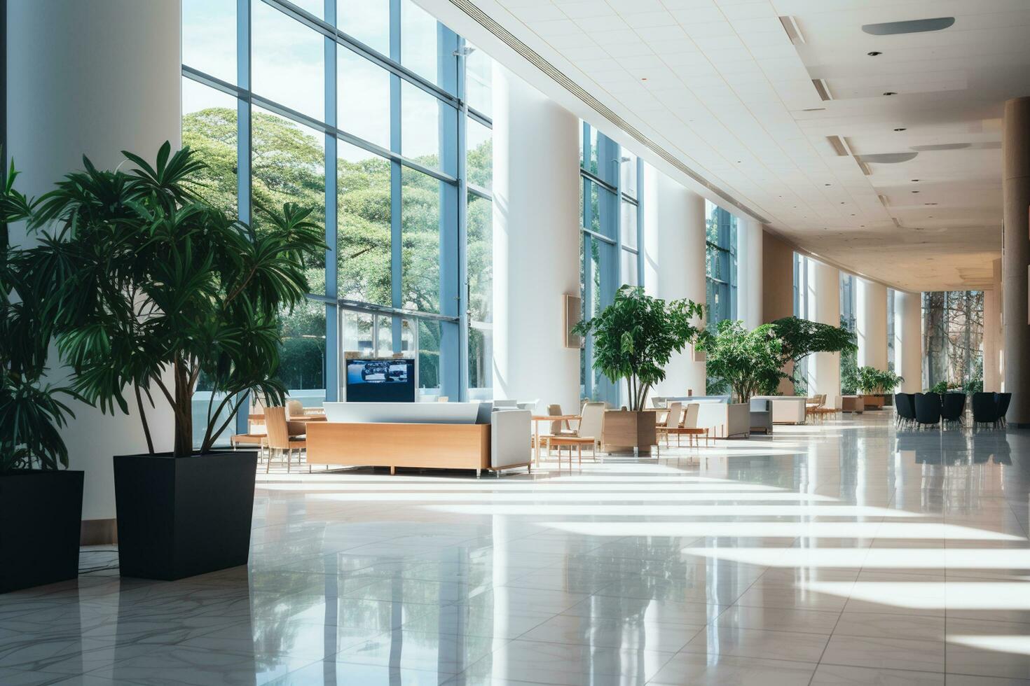 Interior of a modern office building, wide angle view of the lobby Ai Generated photo