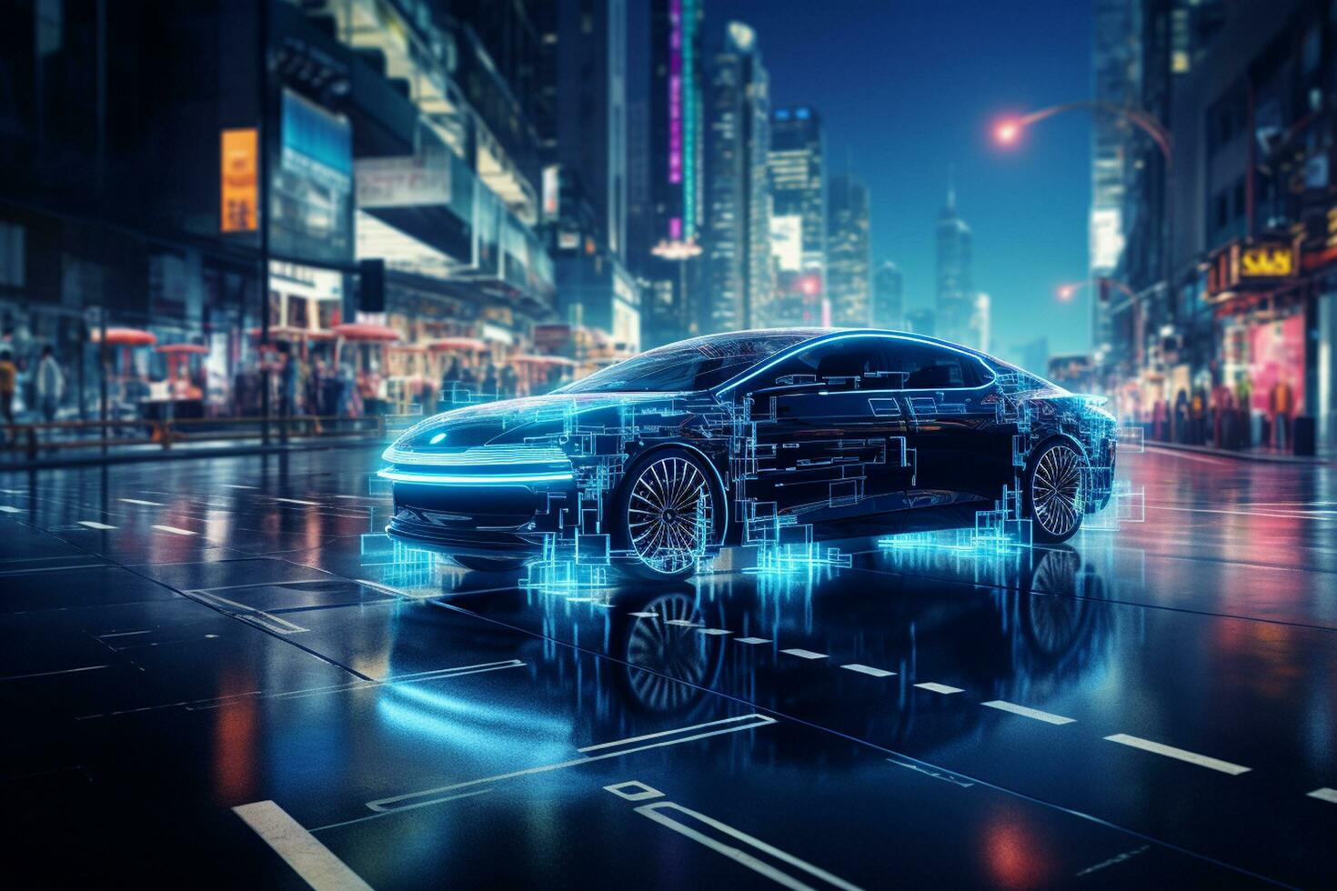Conceptual image of a modern car on a city street at night Ai Generated photo