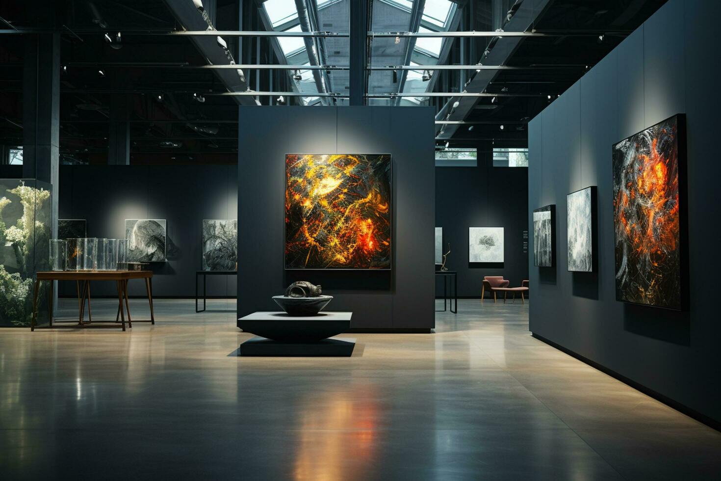 Interior of modern museum with empty frames. Gallery concept. 3D Rendering Ai Generated photo