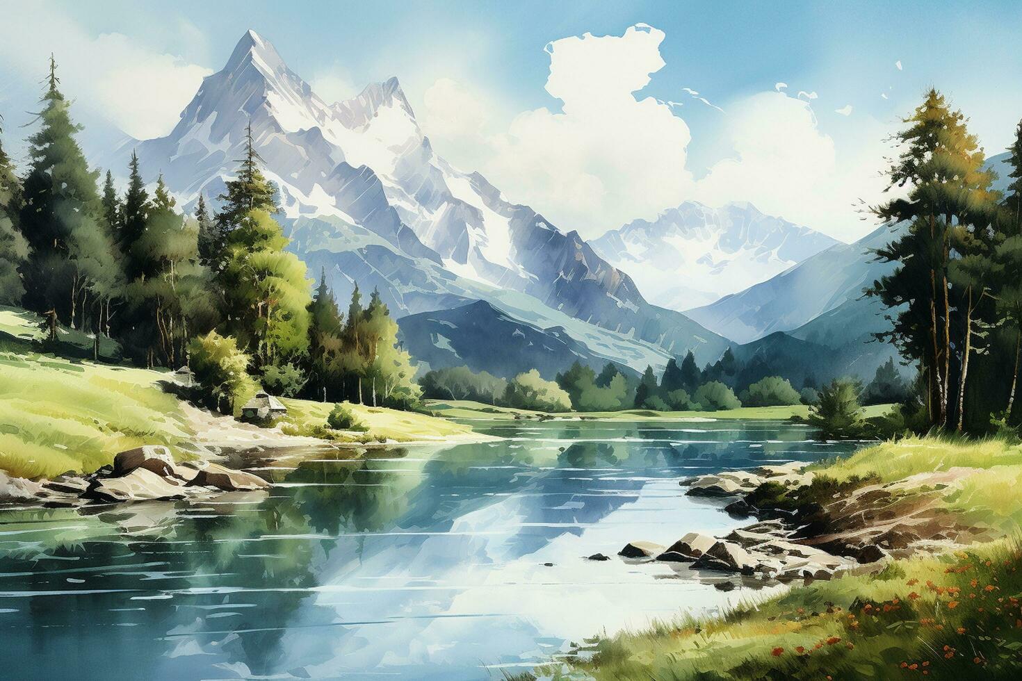 Beautiful mountain landscape with river and high mountains. Digital painting. Ai Generated photo