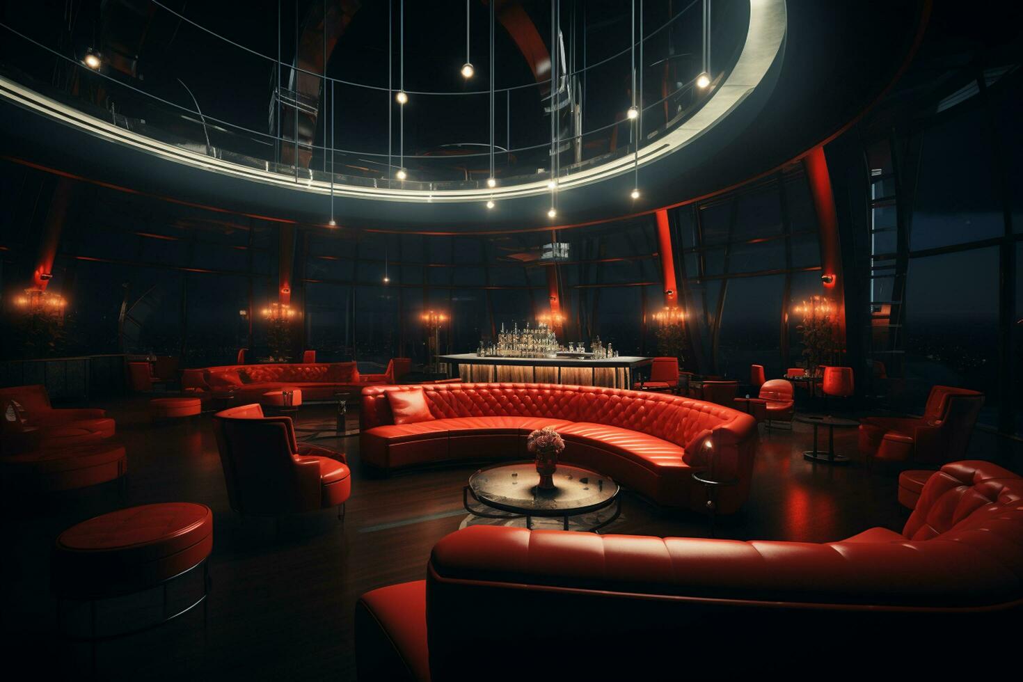 Interior of a restaurant with red sofas. 3d rendering Ai Generated photo