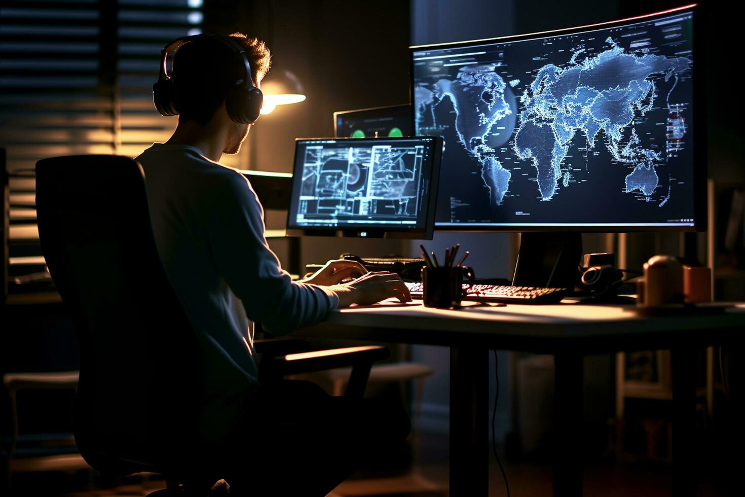 Programmer working late at night on a computer in a dark room Ai Generated photo