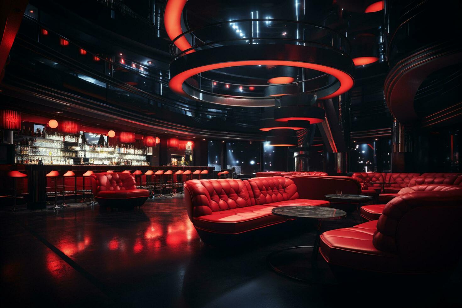 Interior of a restaurant with red sofas. 3d rendering Ai Generated photo