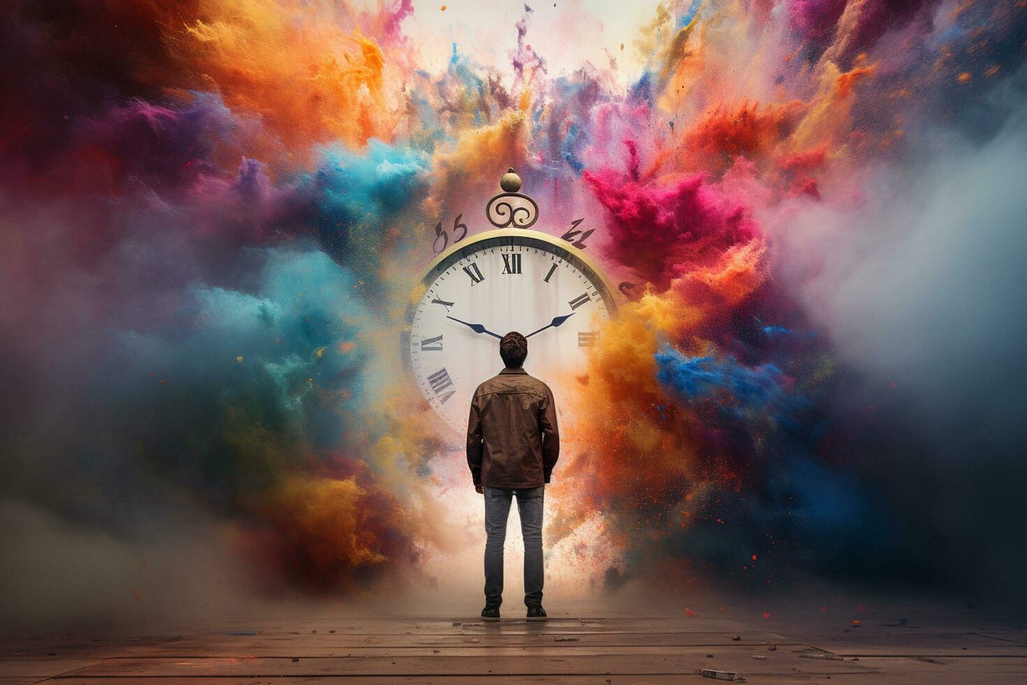 Time is running out concept with a young man standing in front of an old clock Ai Generated photo