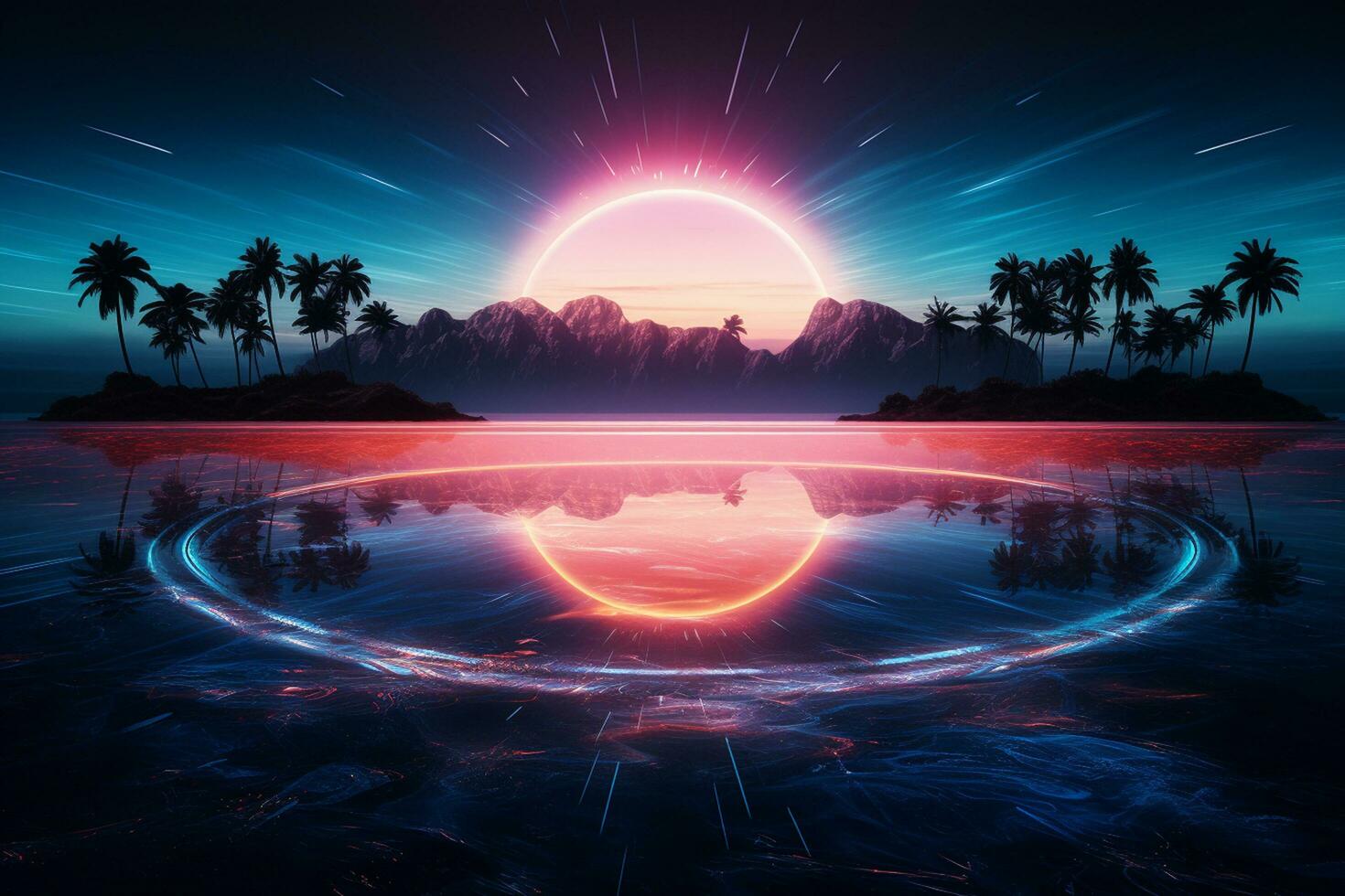 Fantasy island with palm trees and rainbow. 3D render. Ai Generated photo
