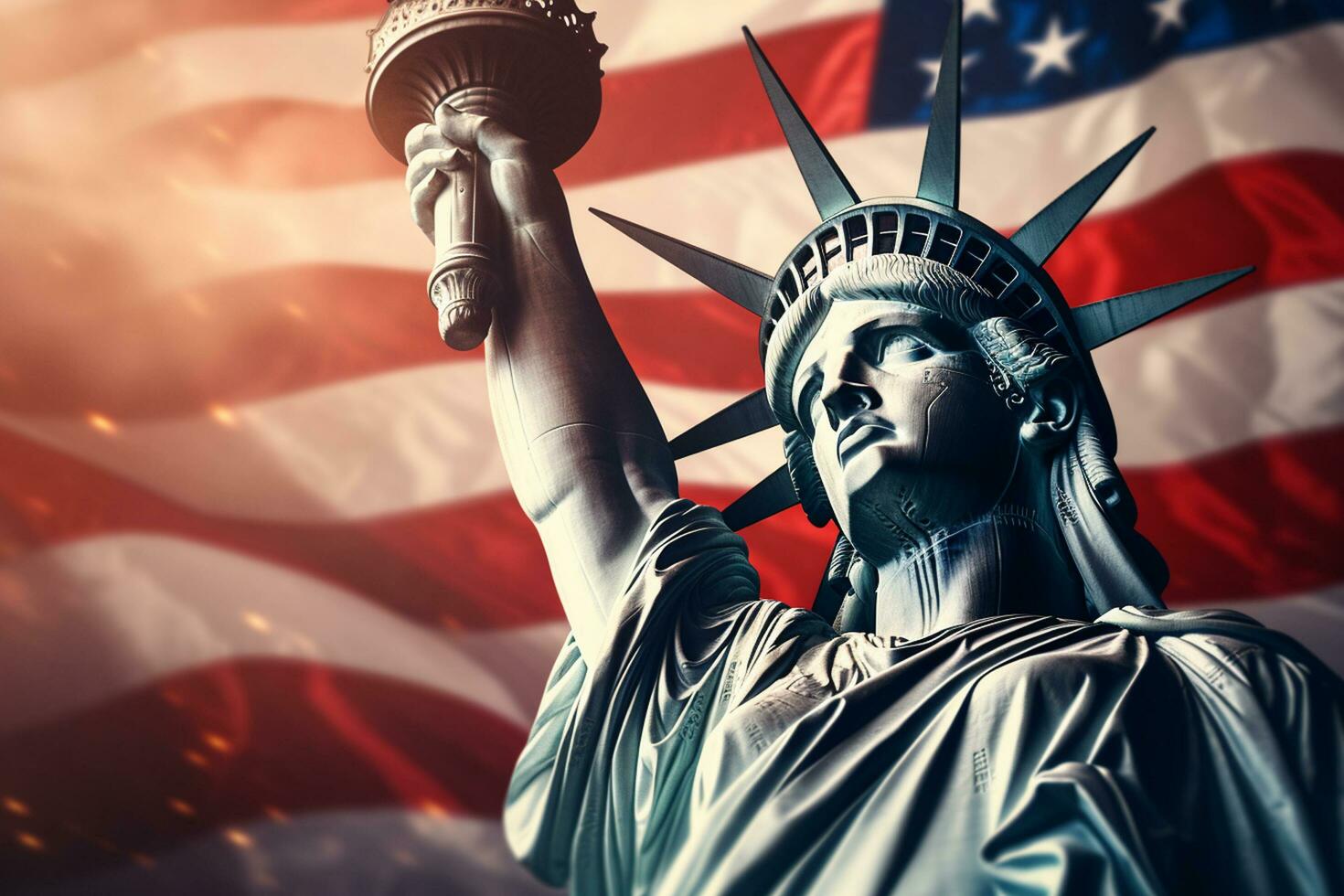 The Statue of Liberty and the American Flag. The concept of the United States of America. Ai Generated photo