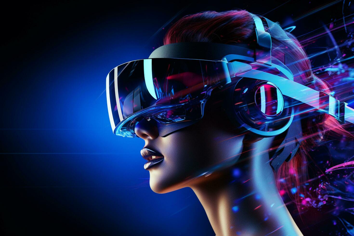 Young woman in virtual reality headset. Future technology concept. 3D Rendering Ai Generated photo