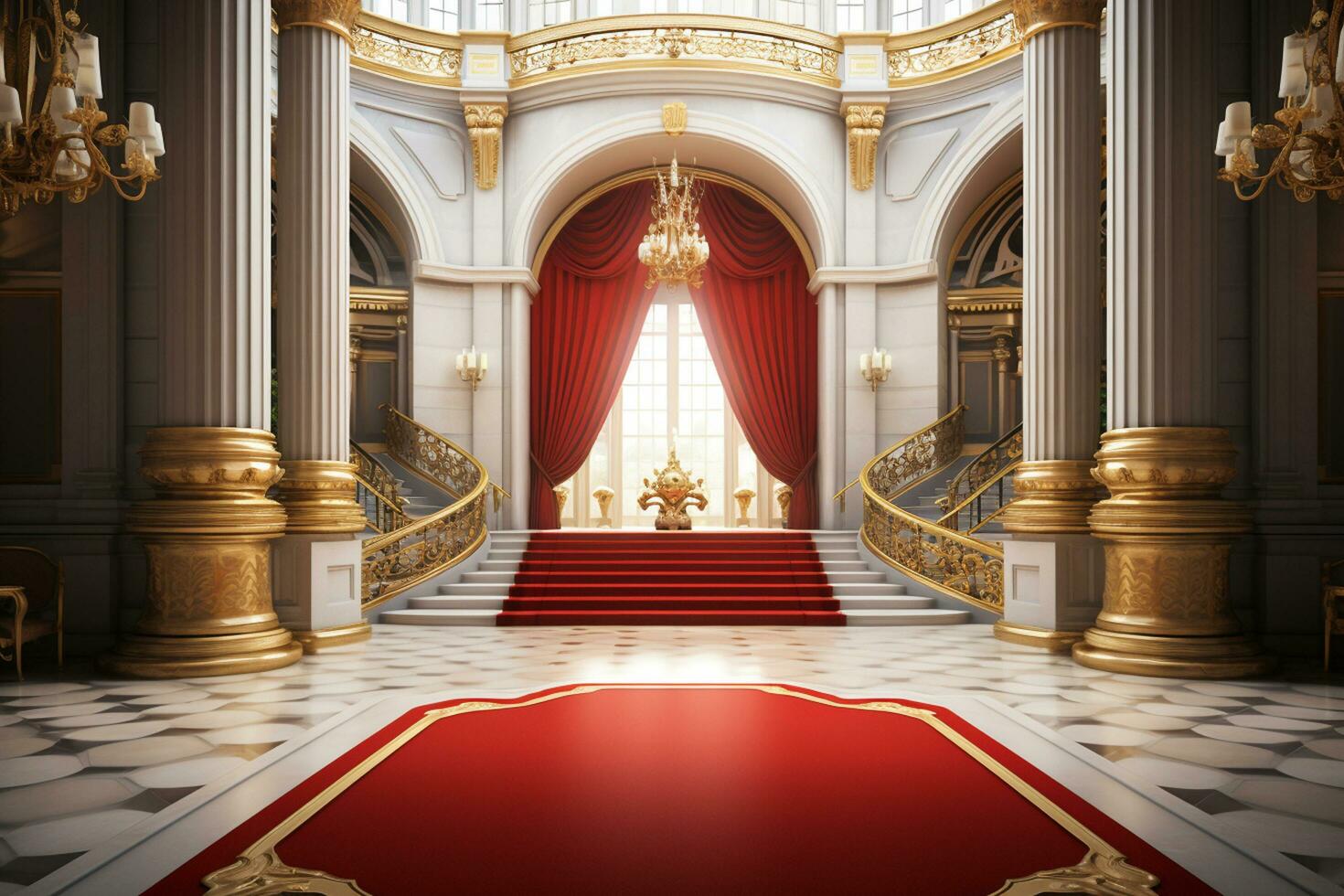 Interior of royal palace with red carpet and golden stairs. 3D ren0dering Ai Generated photo