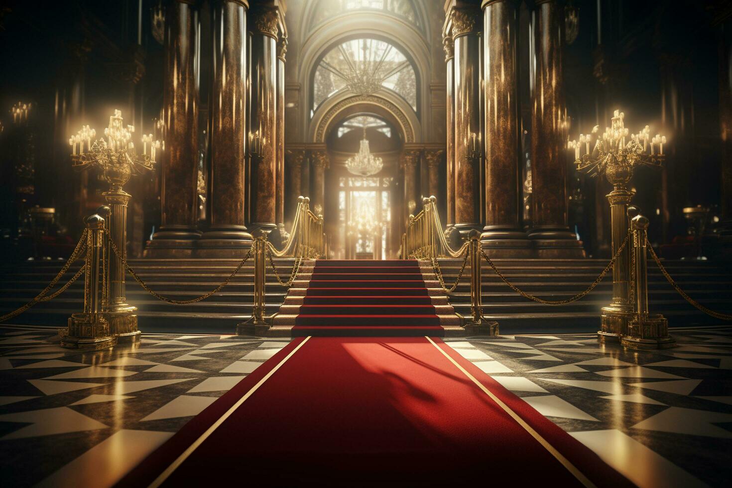 Interior of royal palace with red carpet and golden stairs. 3D ren0dering Ai Generated photo