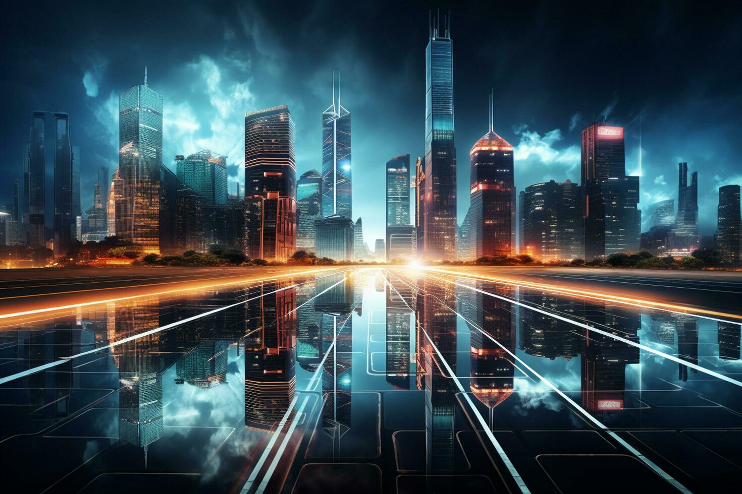 the light trails on the modern building background in shanghai china. Ai Generated photo