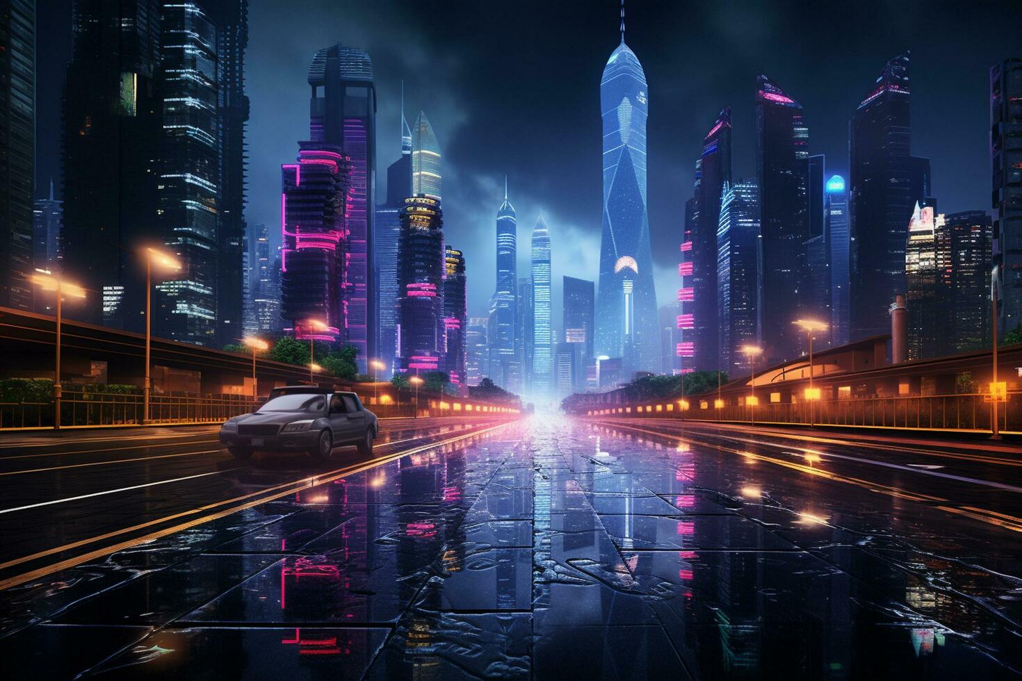 the light trails on the modern building background in shanghai china. Ai Generated photo