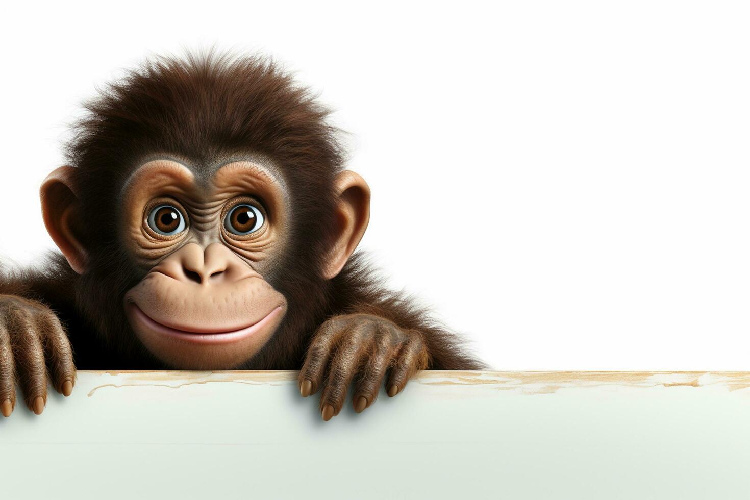 Monkey peeking out from behind a blank board with copy space Ai Generated photo