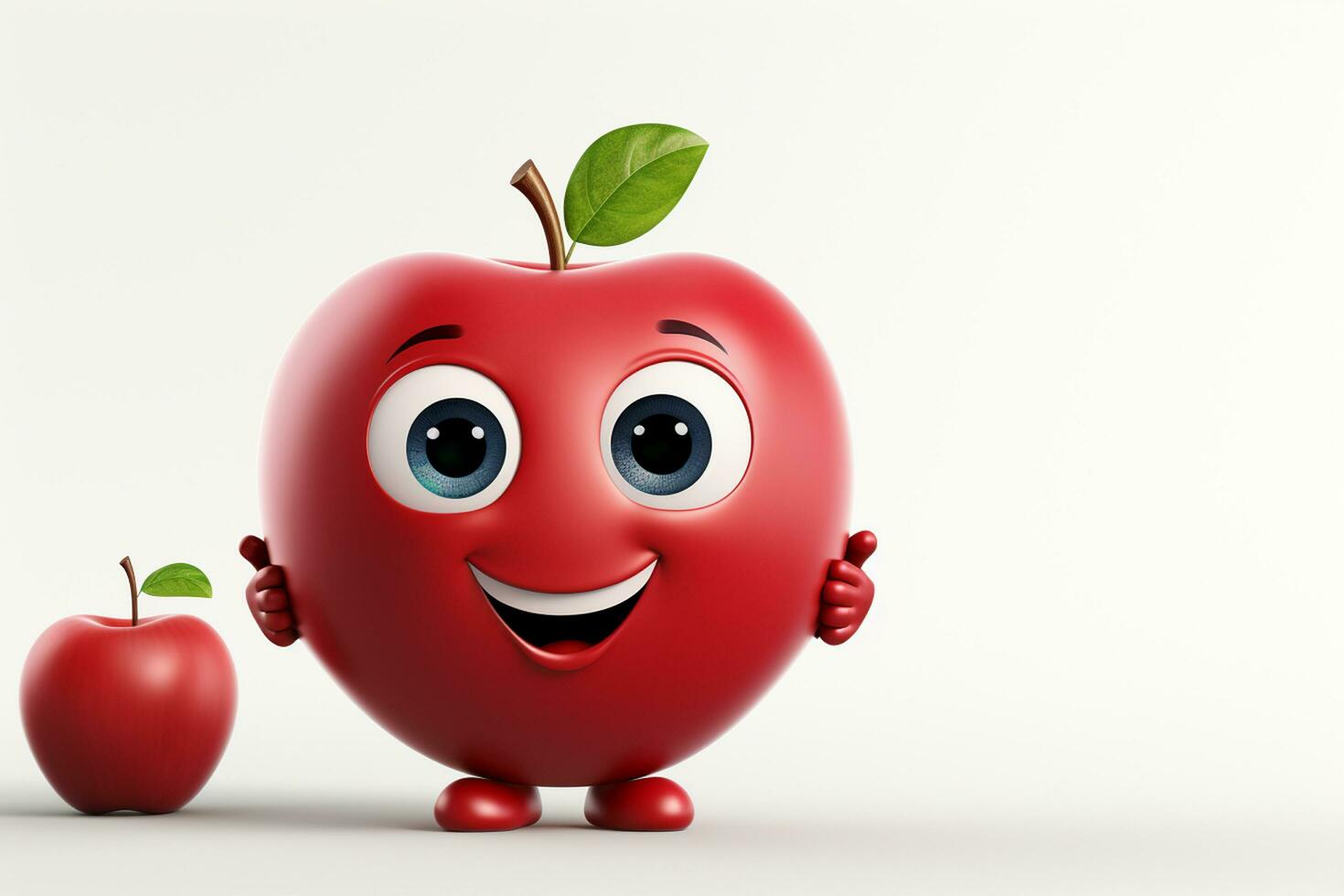 3d ilustración de rojo manzana dibujos animados personaje con brazos y piernas propensión en pared ai generado foto