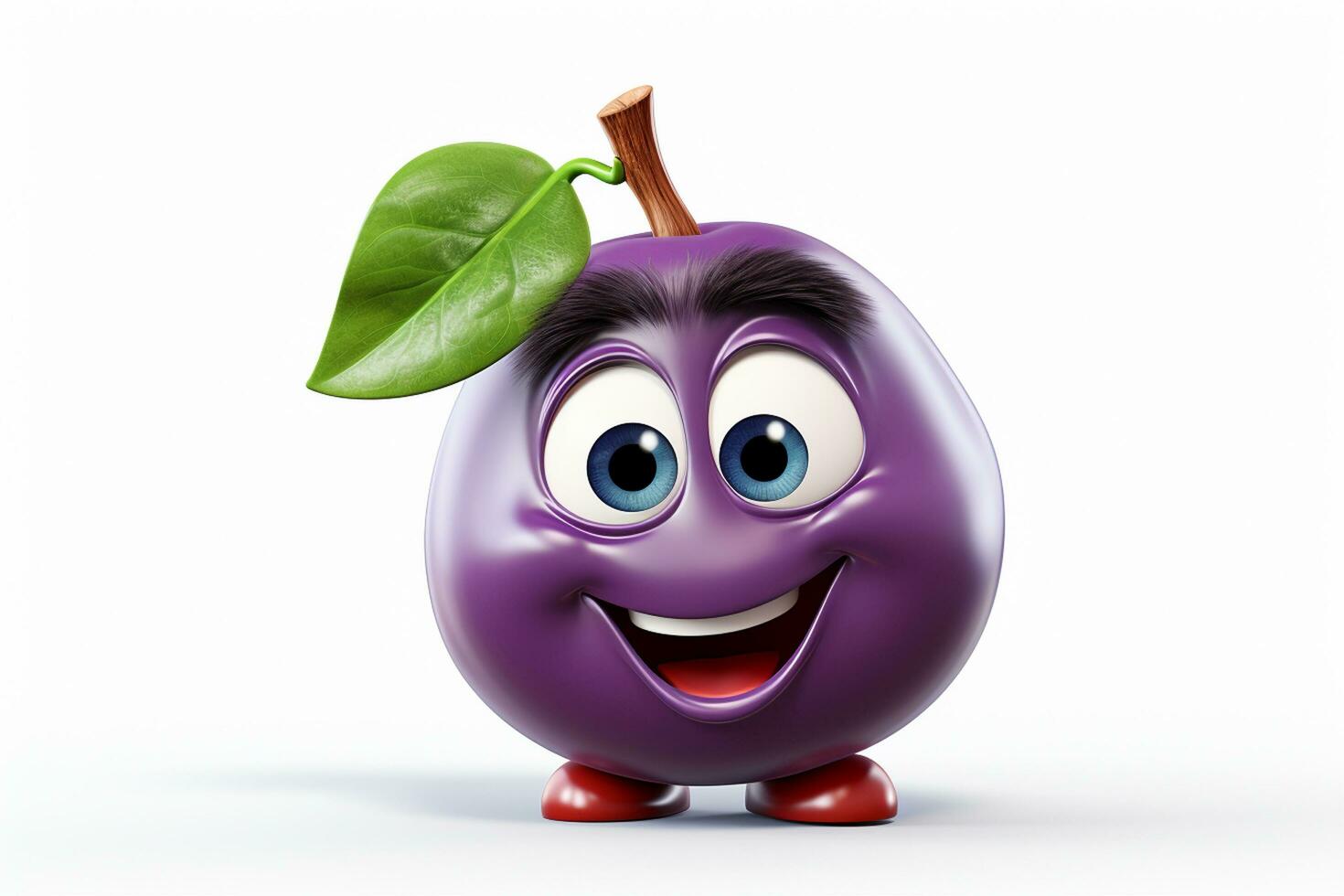 3d illustration of purple plum cartoon character with leaf on white background photo
