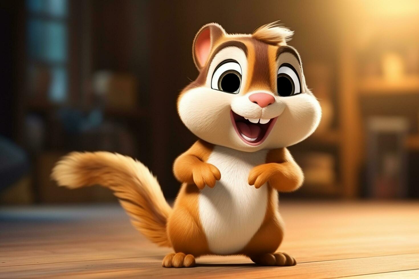 Cute cartoon chipmunk on the floor. 3d rendering Ai Generated photo