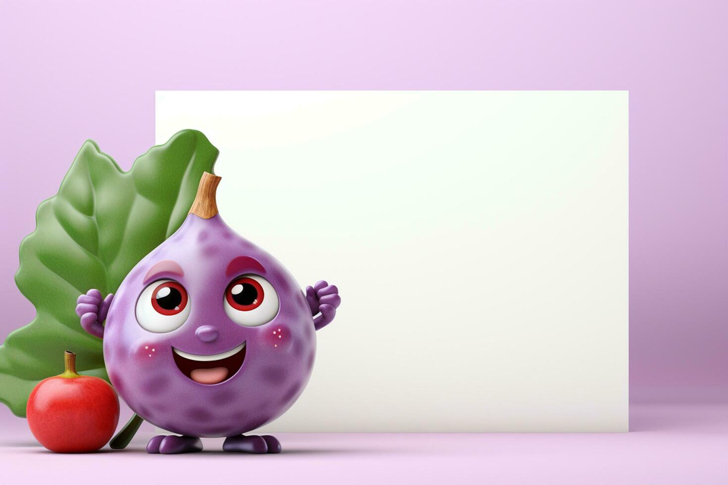 Purple fig fruit character with white board and apple 3d rendering Ai Generated photo